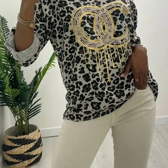 Leopard Print Blouse with Gold Accents - Picture 1 of 8